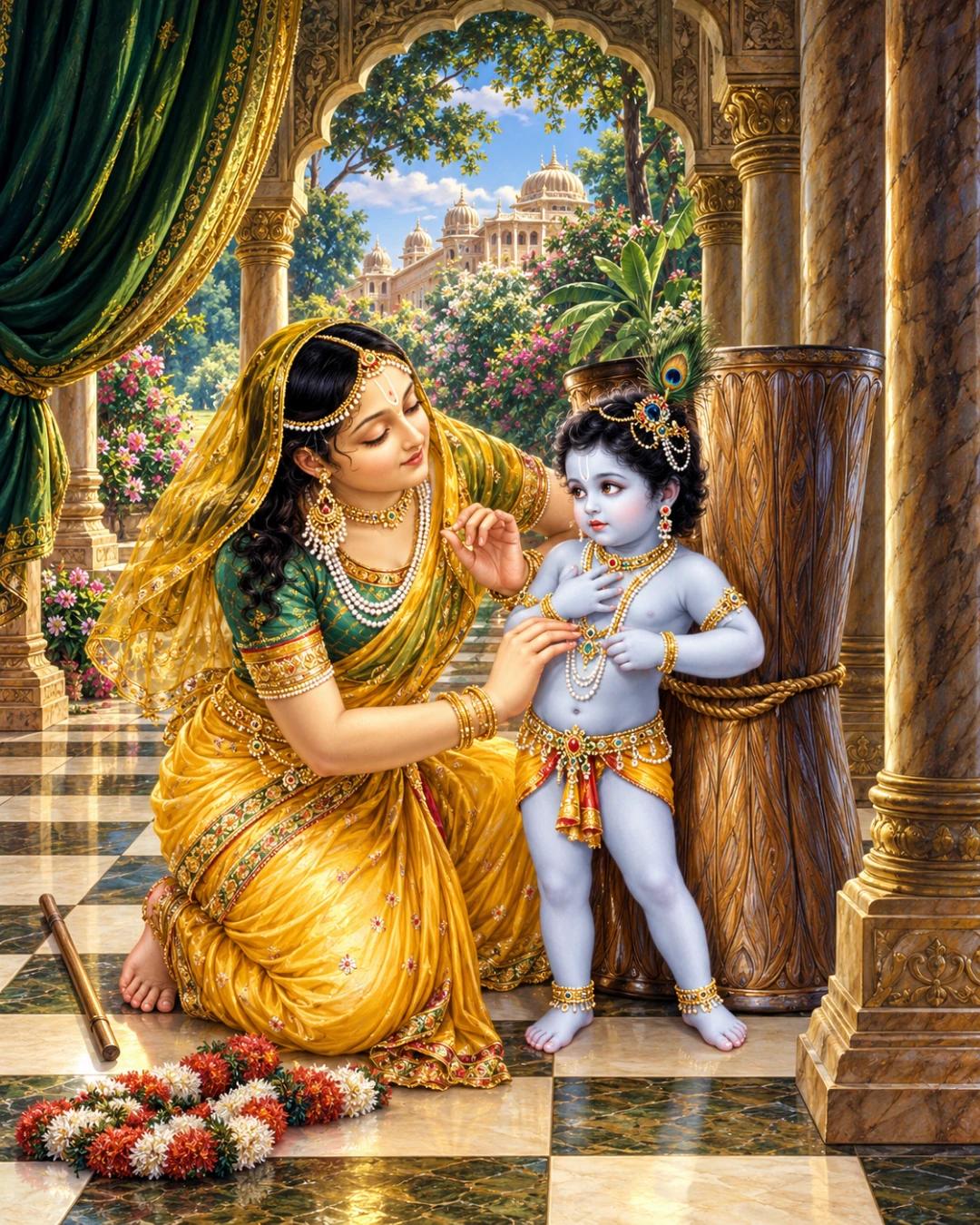 Mother Yashoda binding baby Krishna with rope – Damodara Lila, Kartik month pastime